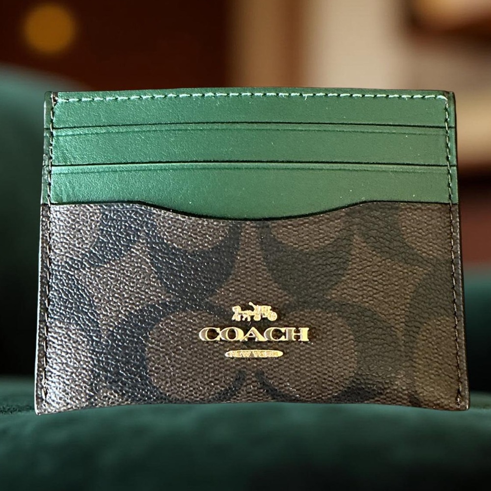 Coach Card Case in Green and Brown Signature Canvas